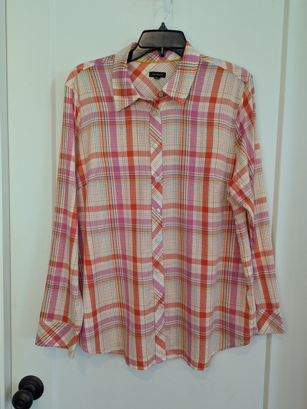 Talbot's Women's XL Long Sleeve Shirt Orange Pink Plaid Button Casual Career